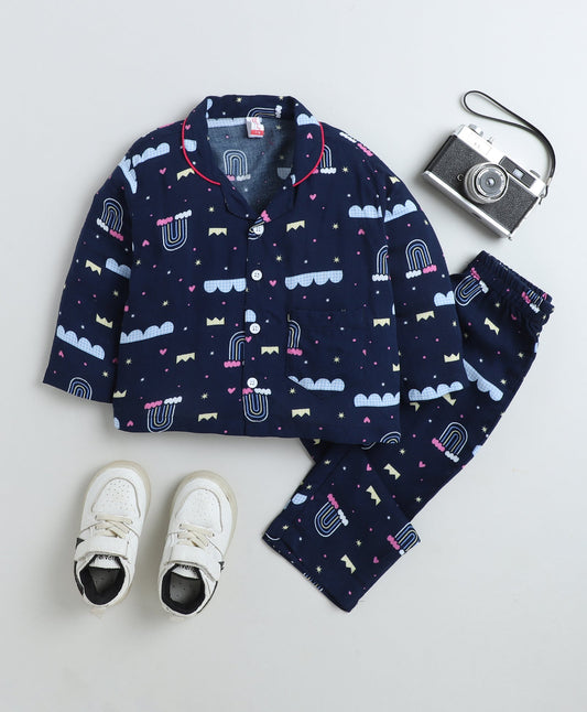 Rayon Woven Full Sleeves Rainbow Printed Coordinating Night Suit Set-Navy Blue