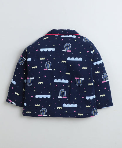 Rayon Woven Full Sleeves Rainbow Printed Coordinating Night Suit Set-Navy Blue