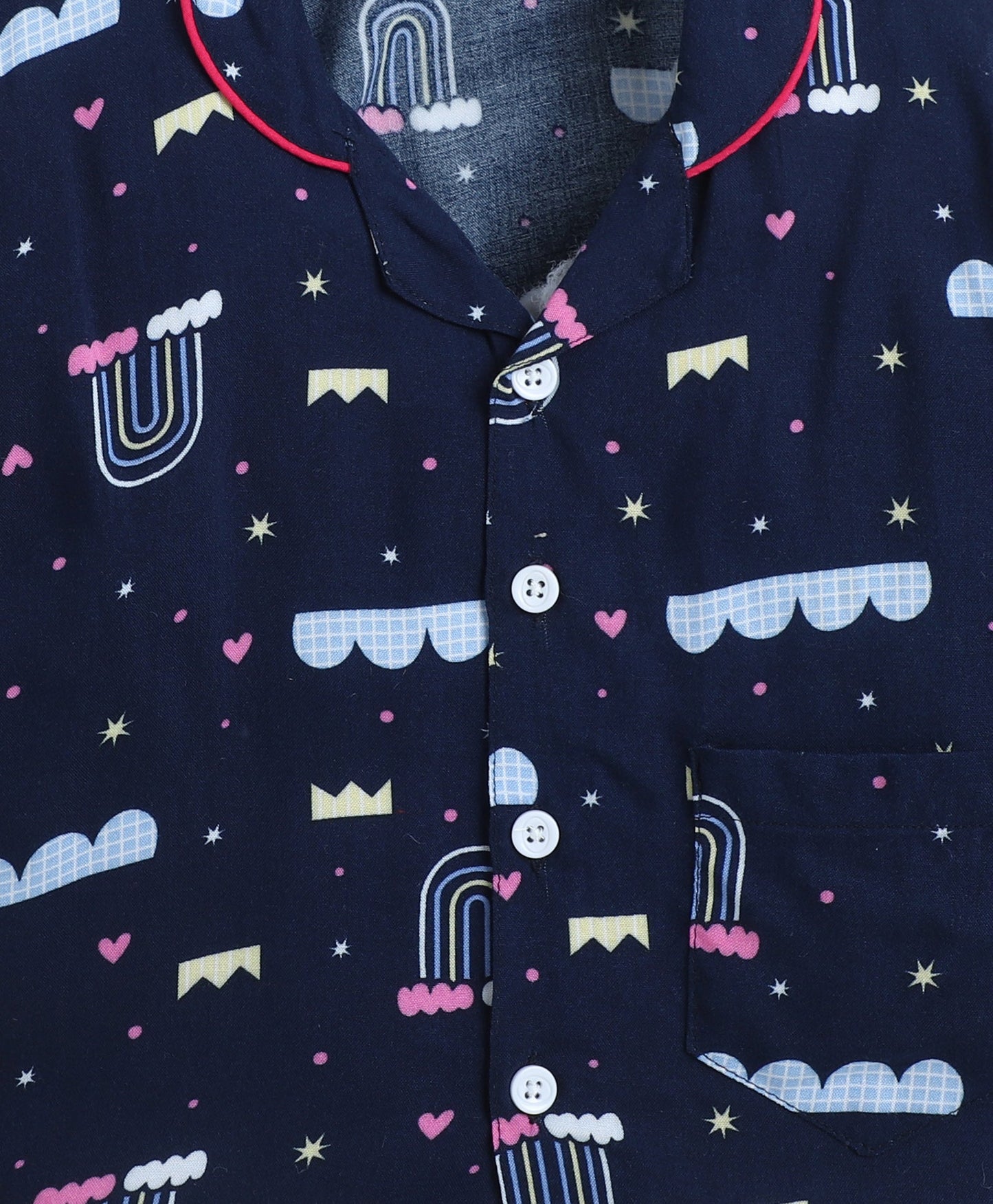 Rayon Woven Full Sleeves Rainbow Printed Coordinating Night Suit Set-Navy Blue