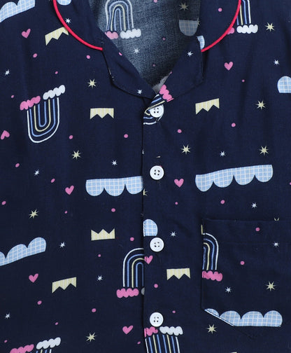 Rayon Woven Full Sleeves Rainbow Printed Coordinating Night Suit Set-Navy Blue