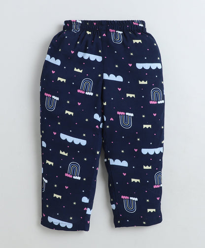 Rayon Woven Full Sleeves Rainbow Printed Coordinating Night Suit Set-Navy Blue