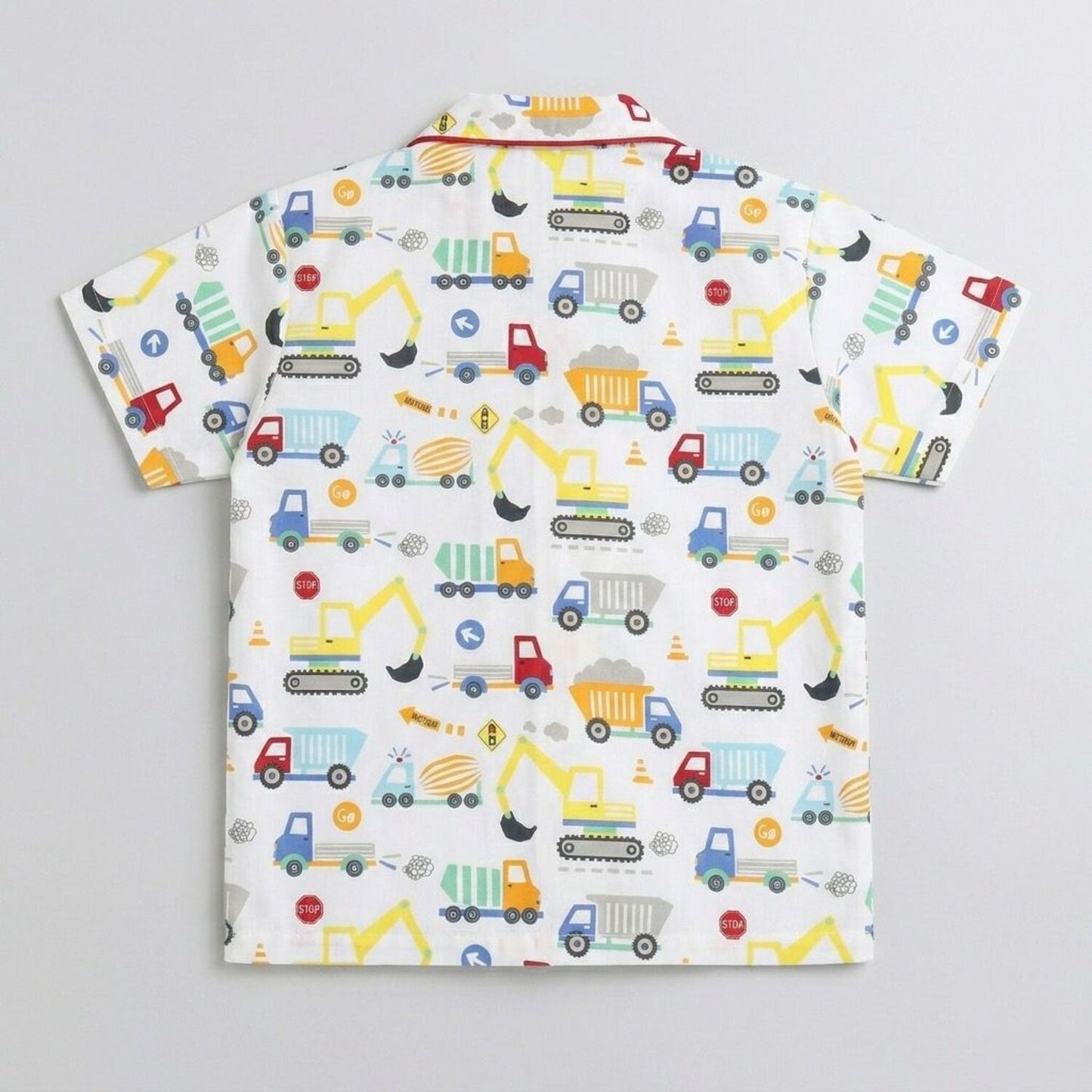 The Magic Wand Cotton Woven Half Sleeves Vehicle Printed Shirt And Pyjama Nightsuit Set - White