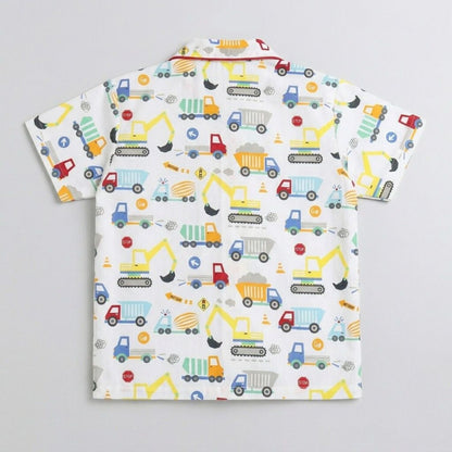 The Magic Wand Cotton Woven Half Sleeves Vehicle Printed Shirt And Pyjama Nightsuit Set - White