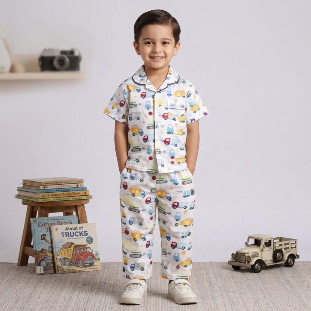 The Magic Wand Cotton Woven Half Sleeves Vehicle Printed Shirt And Pyjama Nightsuit Set - White
