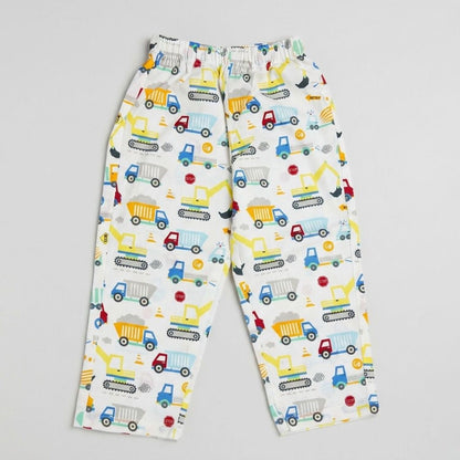 The Magic Wand Cotton Woven Half Sleeves Vehicle Printed Shirt And Pyjama Nightsuit Set - White