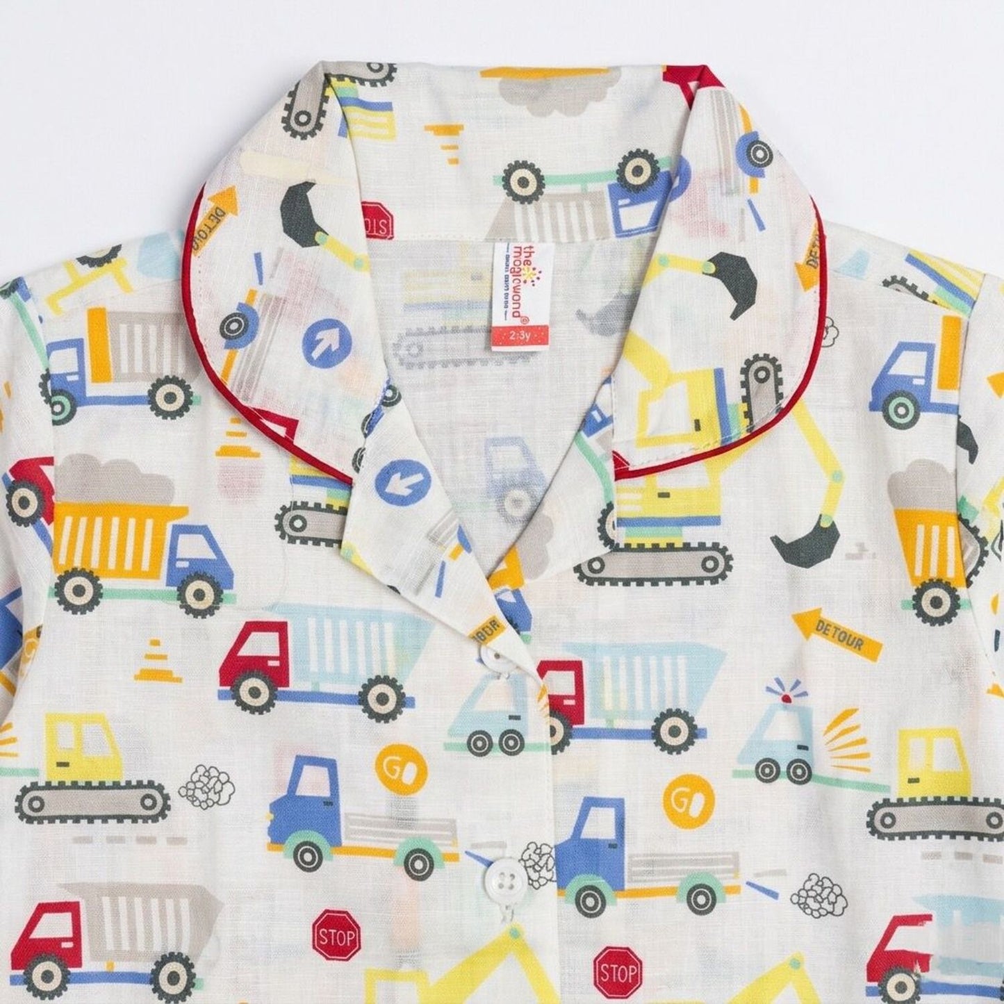The Magic Wand Cotton Woven Half Sleeves Vehicle Printed Shirt And Pyjama Nightsuit Set - White