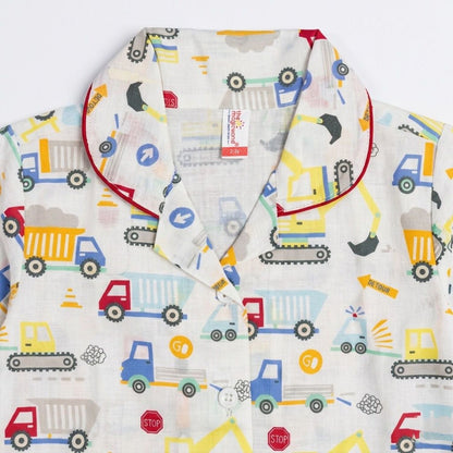 The Magic Wand Cotton Woven Half Sleeves Vehicle Printed Shirt And Pyjama Nightsuit Set - White