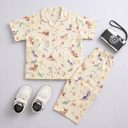 The Magic Wand Cotton Woven Half Sleeves Animals Printed Shirt And Pyjama Nightsuit Set - White