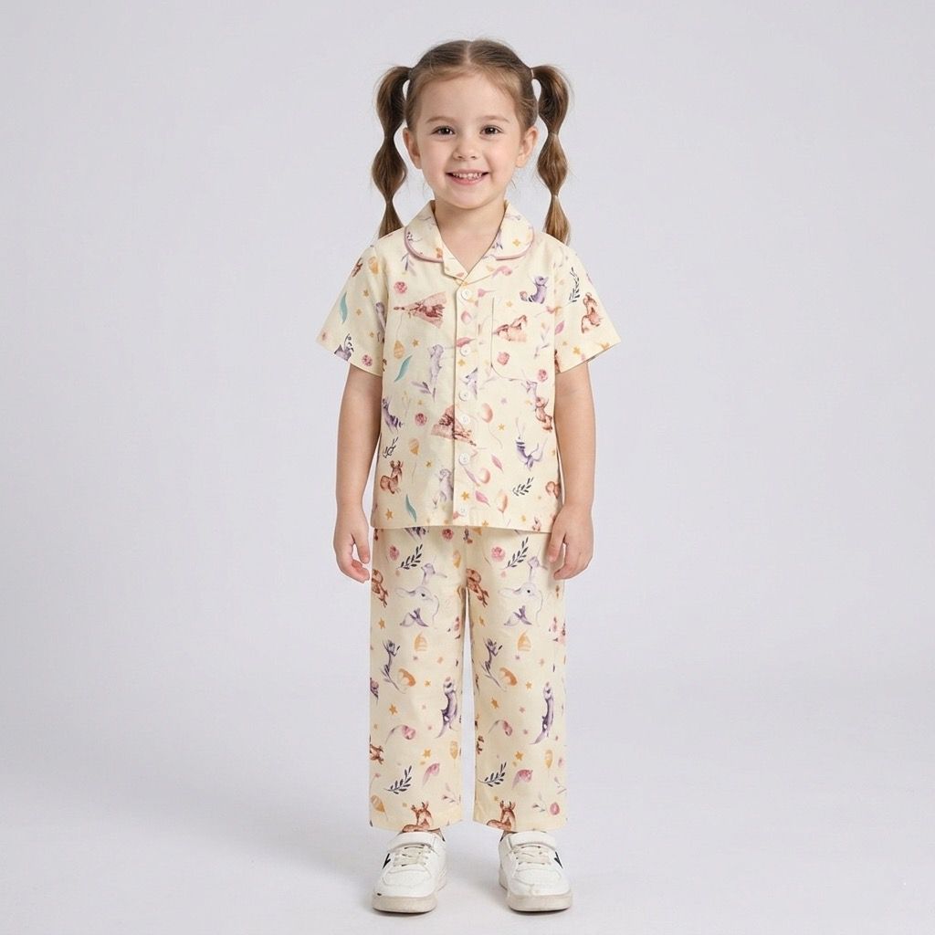 The Magic Wand Cotton Woven Half Sleeves Animals Printed Shirt And Pyjama Nightsuit Set - White