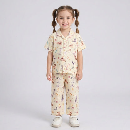 The Magic Wand Cotton Woven Half Sleeves Animals Printed Shirt And Pyjama Nightsuit Set - White