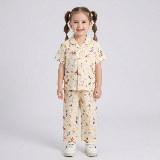 The Magic Wand Cotton Woven Half Sleeves Animals Printed Shirt And Pyjama Nightsuit Set - White
