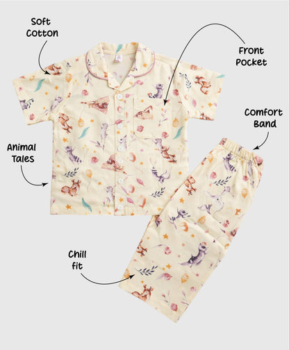 The Magic Wand Cotton Woven Half Sleeves Animals Printed Shirt And Pyjama Nightsuit Set - White