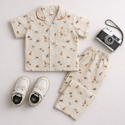 The Magic Wand Cotton Woven Half Sleeves Animals Printed Zoo Theme Nightsuit Set - Off White