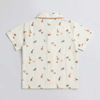 The Magic Wand Cotton Woven Half Sleeves Animals Printed Zoo Theme Nightsuit Set - Off White