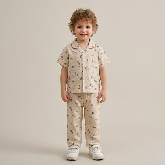 The Magic Wand Cotton Woven Half Sleeves Animals Printed Zoo Theme Nightsuit Set - Off White