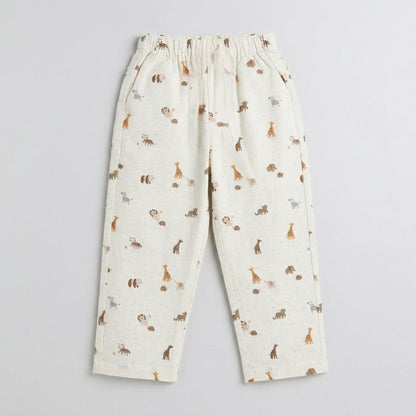 The Magic Wand Cotton Woven Half Sleeves Animals Printed Zoo Theme Nightsuit Set - Off White