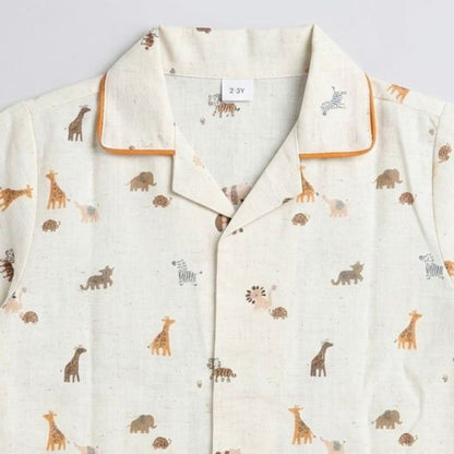 The Magic Wand Cotton Woven Half Sleeves Animals Printed Zoo Theme Nightsuit Set - Off White