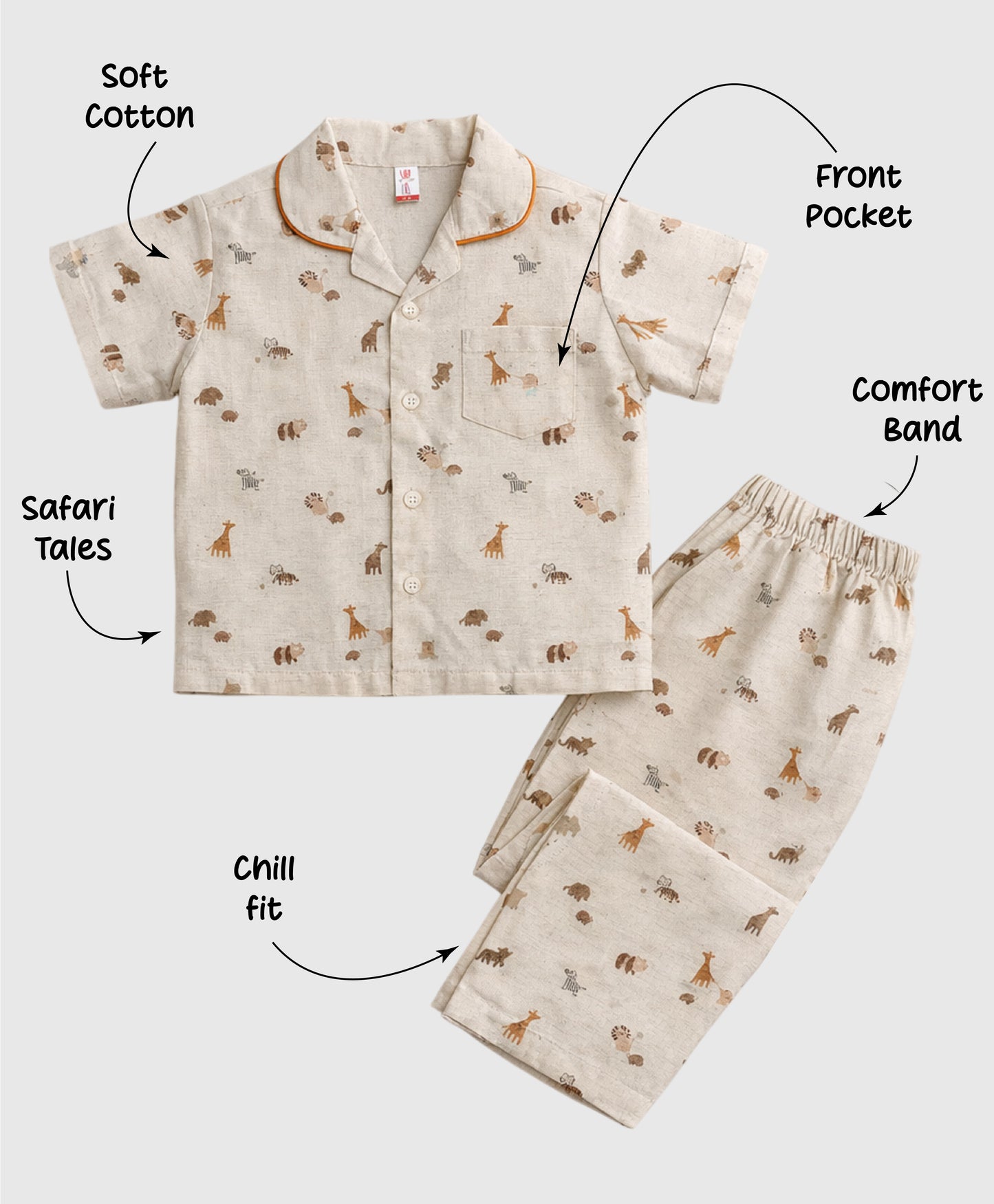 The Magic Wand Cotton Woven Half Sleeves Animals Printed Zoo Theme Nightsuit Set - Off White