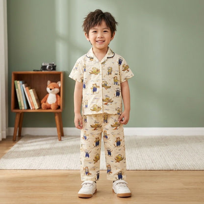 The Magic Wand Cotton Woven Half Sleeves Animals Printed Shirt And Pyjama Nightsuit Set - Off White