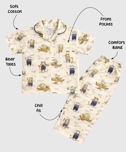 The Magic Wand Cotton Woven Half Sleeves Animals Printed Shirt And Pyjama Nightsuit Set - Off White