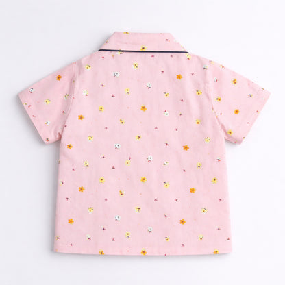 The Magic Wand Woven Half Sleeves Floral Printed Shirt And Pyjama Nightsuit Set - Pink