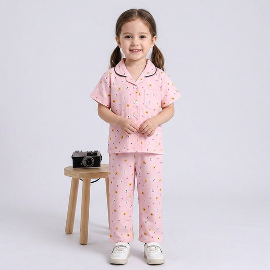The Magic Wand Woven Half Sleeves Floral Printed Shirt And Pyjama Nightsuit Set - Pink