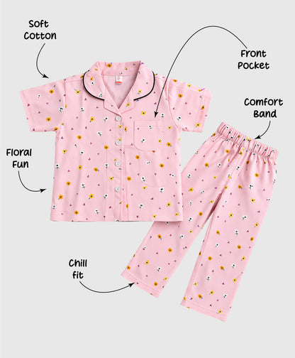 The Magic Wand Woven Half Sleeves Floral Printed Shirt And Pyjama Nightsuit Set - Pink