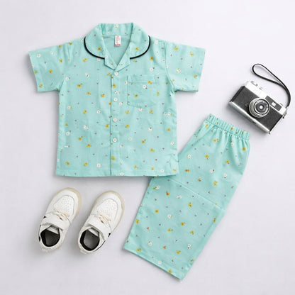 The Magic Wand Woven Half Sleeves Floral Printed Shirt And Pyjama Nightsuit Set - Blue