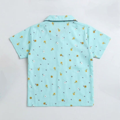 The Magic Wand Woven Half Sleeves Floral Printed Shirt And Pyjama Nightsuit Set - Blue