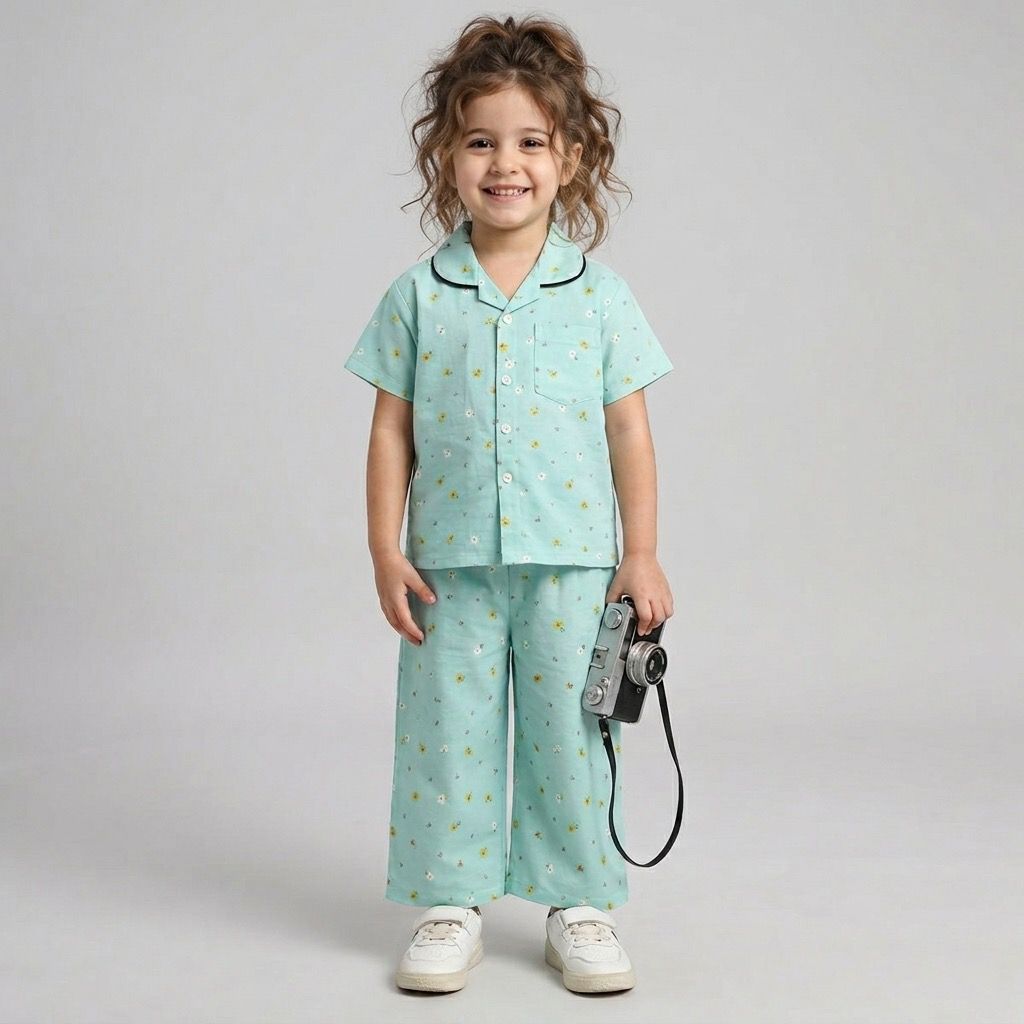 The Magic Wand Woven Half Sleeves Floral Printed Shirt And Pyjama Nightsuit Set - Blue