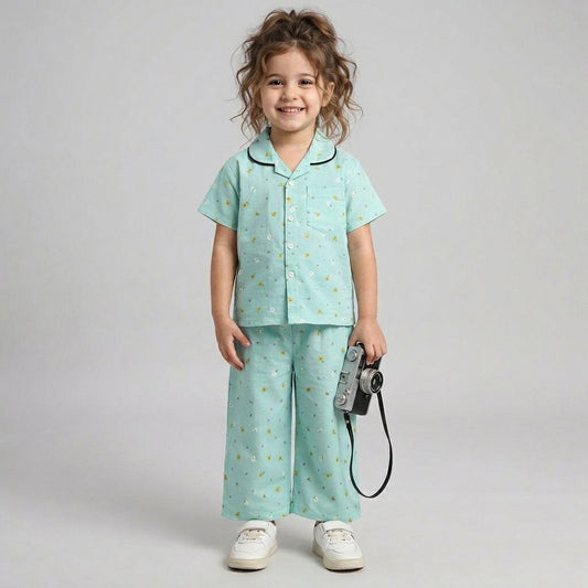The Magic Wand Woven Half Sleeves Floral Printed Shirt And Pyjama Nightsuit Set - Blue