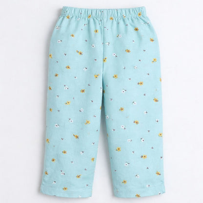 The Magic Wand Woven Half Sleeves Floral Printed Shirt And Pyjama Nightsuit Set - Blue