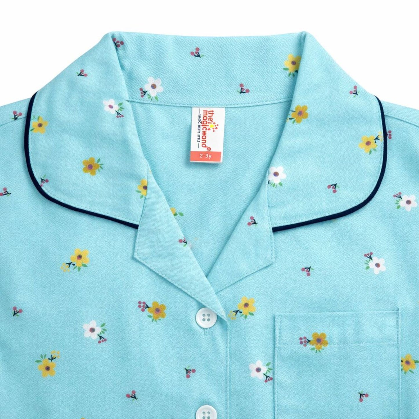The Magic Wand Woven Half Sleeves Floral Printed Shirt And Pyjama Nightsuit Set - Blue