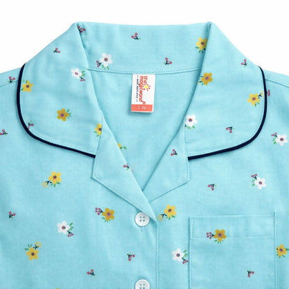 The Magic Wand Woven Half Sleeves Floral Printed Shirt And Pyjama Nightsuit Set - Blue