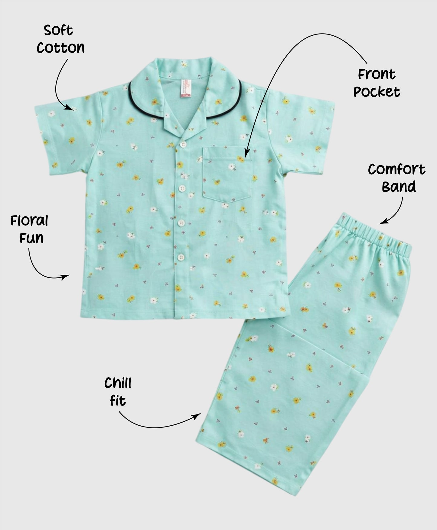 The Magic Wand Woven Half Sleeves Floral Printed Shirt And Pyjama Nightsuit Set - Blue