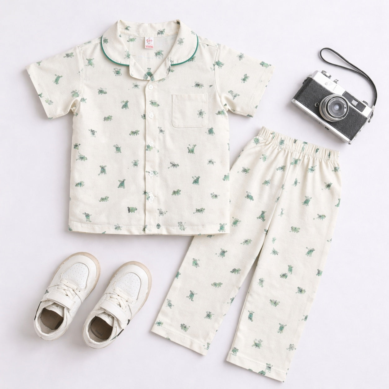 The Magic Wand Cotton Woven Half Sleeves Animal Printed Shirt And Pyjama Nightsuit Set - Cream