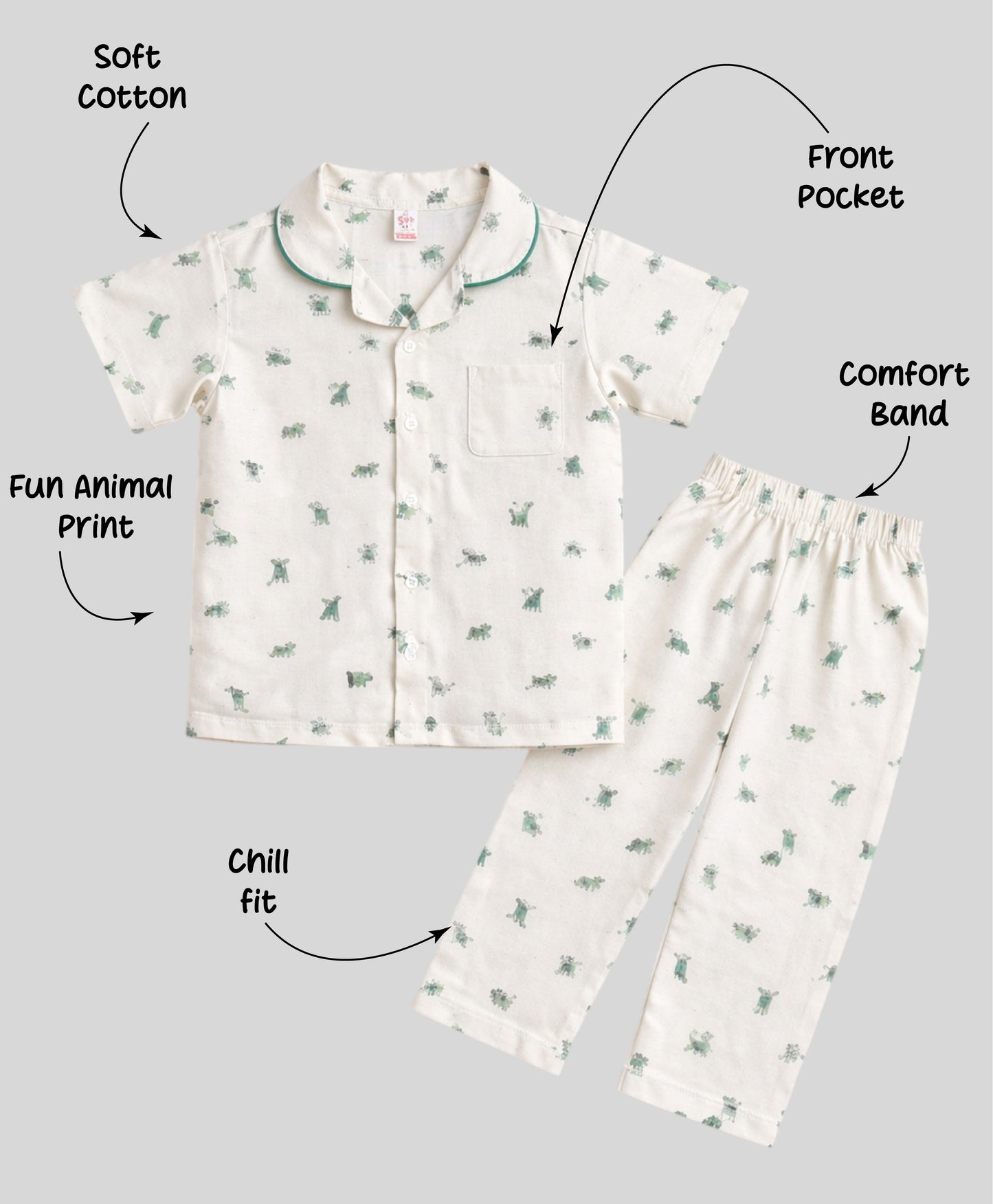 The Magic Wand Cotton Woven Half Sleeves Animal Printed Shirt And Pyjama Nightsuit Set - Cream