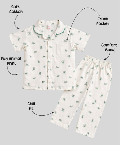 The Magic Wand Cotton Woven Half Sleeves Animal Printed Shirt And Pyjama Nightsuit Set - Cream