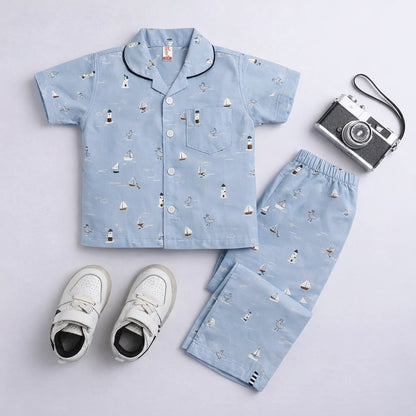 The Magic Wand Cotton Woven Half Sleeves Coastal Theme Shirt And Pyjama Nightsuit Set - Blue