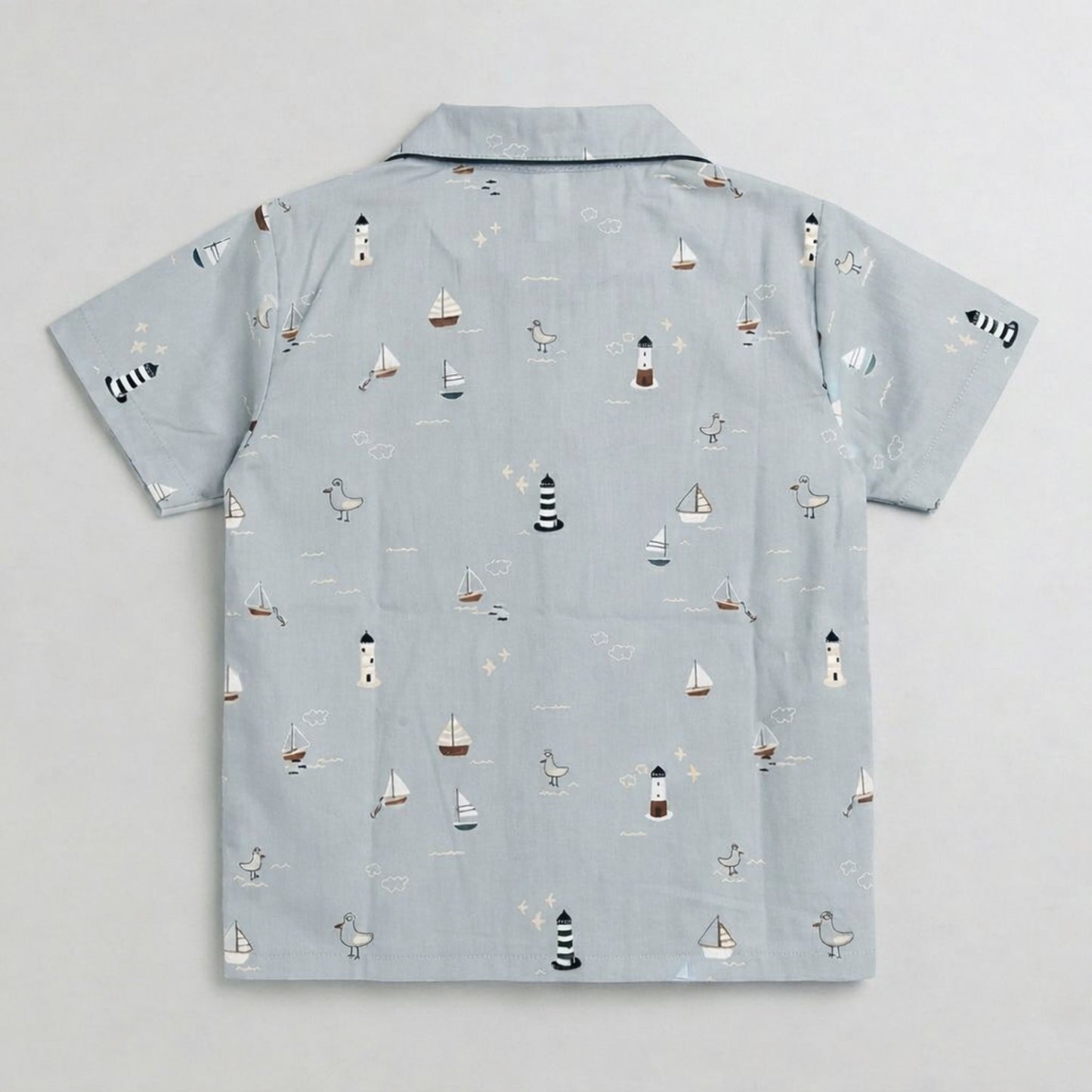 The Magic Wand Cotton Woven Half Sleeves Coastal Theme Shirt And Pyjama Nightsuit Set - Blue