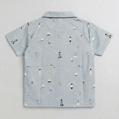 The Magic Wand Cotton Woven Half Sleeves Coastal Theme Shirt And Pyjama Nightsuit Set - Blue