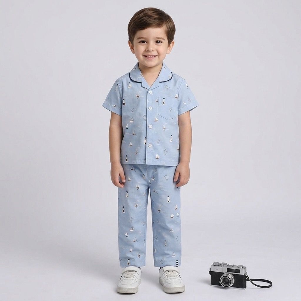The Magic Wand Cotton Woven Half Sleeves Coastal Theme Shirt And Pyjama Nightsuit Set - Blue