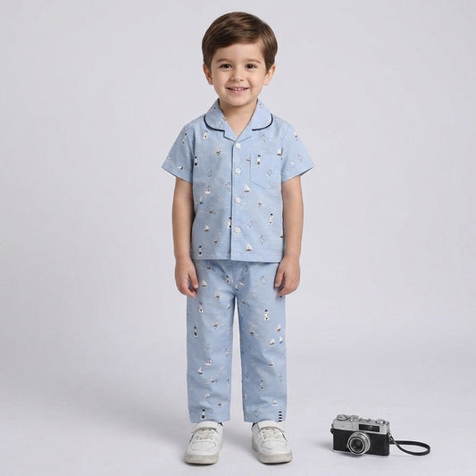 The Magic Wand Cotton Woven Half Sleeves Coastal Theme Shirt And Pyjama Nightsuit Set - Blue