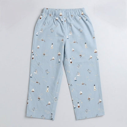 The Magic Wand Cotton Woven Half Sleeves Coastal Theme Shirt And Pyjama Nightsuit Set - Blue