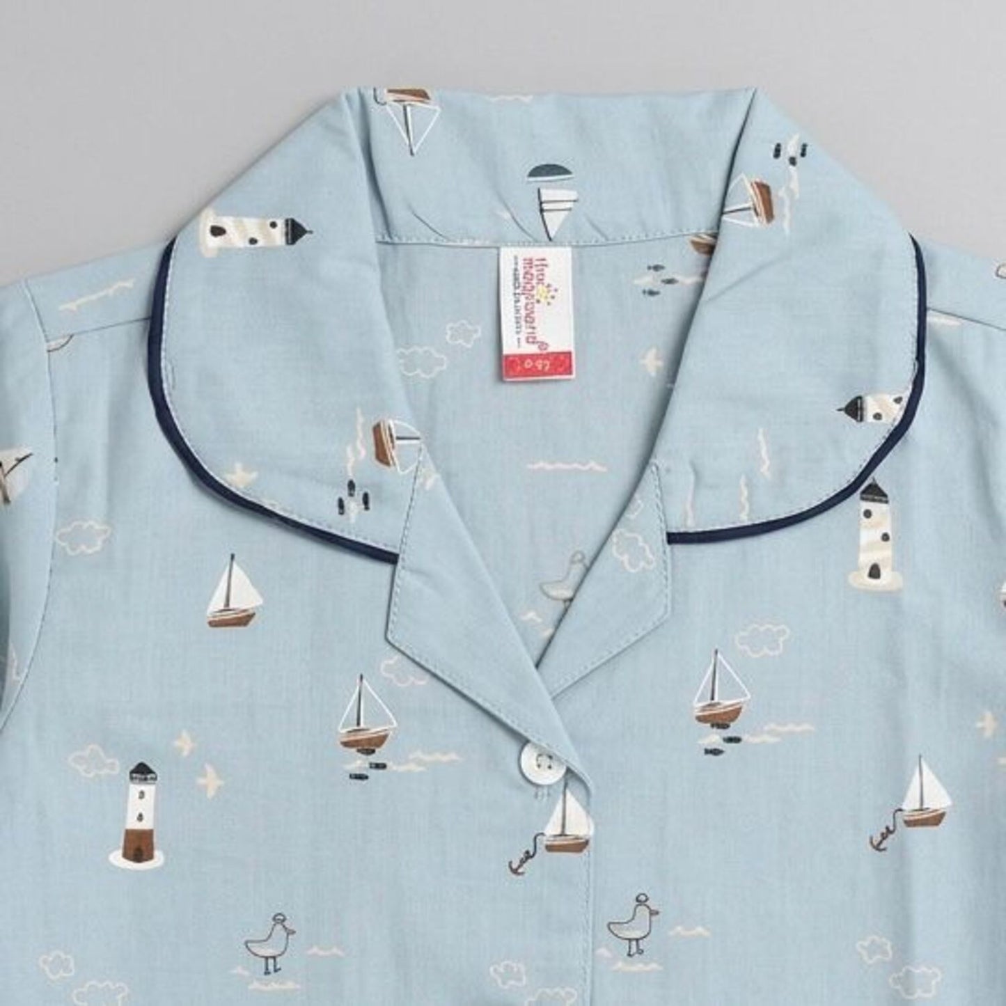 The Magic Wand Cotton Woven Half Sleeves Coastal Theme Shirt And Pyjama Nightsuit Set - Blue
