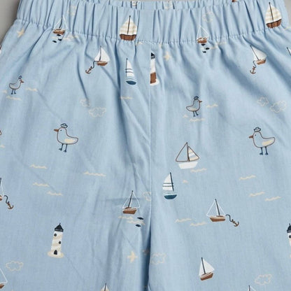 The Magic Wand Cotton Woven Half Sleeves Coastal Theme Shirt And Pyjama Nightsuit Set - Blue
