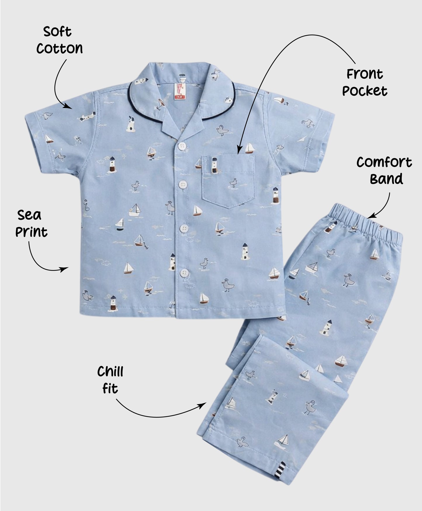The Magic Wand Cotton Woven Half Sleeves Coastal Theme Shirt And Pyjama Nightsuit Set - Blue