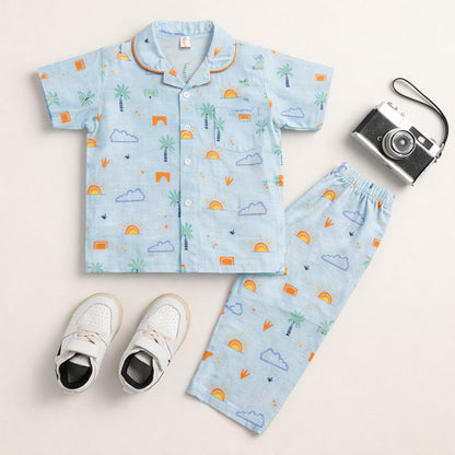 The Magic Wand Cotton Woven Half Sleeves Tropical Theme Shirt And Pyjama Nightsuit Set - Blue