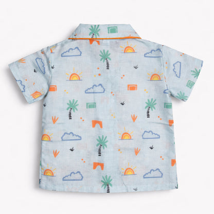 The Magic Wand Cotton Woven Half Sleeves Tropical Theme Shirt And Pyjama Nightsuit Set - Blue