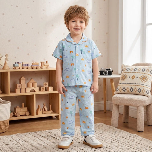 The Magic Wand Cotton Woven Half Sleeves Tropical Theme Shirt And Pyjama Nightsuit Set - Blue